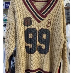 Sporty “Boyfriend” Beige Cable Knit Sweater with Maroon Accents